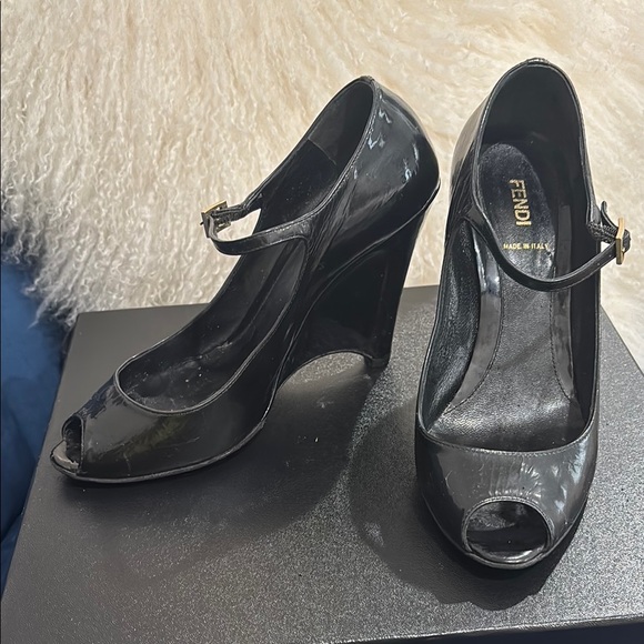 Fendi Shoes - Fendi Black Patent Leather Peep-Toe Mary Jane Heels